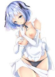 Rule 34 | 1girl, apron, bare shoulders, black panties, black ribbon, blue hair, breasts, collarbone, commentary request, cucchiore, elbow gloves, gloves, hair ribbon, highres, large breasts, maid, nipples, original, panties, ribbon, short hair, simple background, solo, underwear, white apron, white background, white gloves