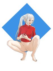Rule 34 | 1girl, barefoot, bottomless, breasts, casual nudity, edelgard von hresvelg, fire emblem, fire emblem: three houses, highres, large breasts, long hair, looking at viewer, navel, nintendo, open mouth, pomelomelon, ponytail, pussy, raised eyebrow, red shirt, shirt, short sleeves, side ponytail, solo, squatting, white background, white hair