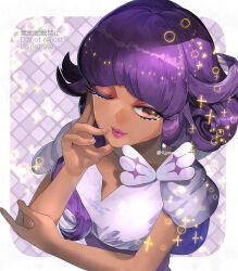 1girl commentary_request creatures_(company) dark-skinned_female dark_skin earrings eyeshadow game_freak hand_up jewelry lipstick long_hair makeup nintendo one_eye_closed pink_lips pokemon pokemon_sv purple_hair shirt short_sleeves solo sparkle tulip_(pokemon) upper_body watermark yamanashi_taiki