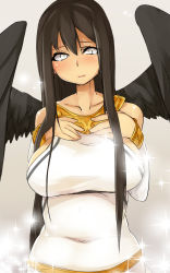 Rule 34 | 1girl, black hair, breasts, brll, covered navel, highres, large breasts, light smile, long hair, looking at viewer, mabinogi, morrighan, solo, sparkle, white eyes, wings
