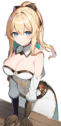Rule 34 | 1girl, absurdres, arm support, bare shoulders, black bow, black gloves, blonde hair, blue eyes, bow, breasts, cleavage, commentary, detached collar, detached sleeves, genshin impact, gloves, hair between eyes, hair bow, highres, jean (genshin impact), large breasts, leaning forward, leggings, long hair, long sleeves, looking at viewer, nervous smile, pants, ponytail, revision, rikoma, shirt, sidelocks, smile, solo, standing, strapless, strapless shirt, white pants, white shirt