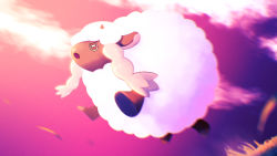 Rule 34 | absurdres, blurry, brown eyes, cloud, commentary, creatures (company), from below, game freak, gen 8 pokemon, grass, higa-tsubasa, highres, nintendo, no humans, open mouth, outdoors, pokemon, pokemon (creature), sheep, sky, solo, twilight, wooloo