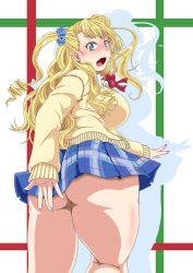 Rule 34 | 10s, 1girl, ass, asymmetrical hair, blue eyes, blush, breasts, cardigan, covering privates, covering ass, earrings, fang, female focus, from behind, galko, gyaru, hair bun, highres, huge ass, jewelry, kogal, large breasts, long hair, looking back, makkuro rokusuke, md5 mismatch, nail polish, one side up, open \m/, open mouth, oshiete! galko-chan, plaid, plaid skirt, pleated skirt, resized, school uniform, scrunchie, side bun, skirt, solo, stud earrings, thick thighs, thighs