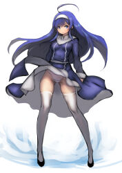 Rule 34 | 1girl, ahoge, blue eyes, blue hair, breasts, clothes lift, commentary request, dress, dress lift, full body, gluteal fold, hairband, highres, huge ahoge, johan (johan13), legs, long hair, long sleeves, looking at viewer, medium breasts, orie ballardiae harada, panties, pantyshot, simple background, skirt, skirt lift, solo, standing, thighhighs, under night in-birth, underwear, very long hair, white background, white hairband, white panties, white thighhighs