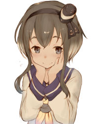 Rule 34 | 10s, 1girl, black eyes, flying sweatdrops, grey hair, hands on own cheeks, hands on own face, hat, kantai collection, km yama, long sleeves, neckerchief, sailor collar, short hair with long locks, smile, solo, tokitsukaze (kancolle), upper body, white background