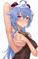 Rule 34 | 1girl, absurdres, ahoge, areola slip, arm up, armpits, bell, blue hair, blush, bodysuit, breasts, covered erect nipples, covering privates, covering breasts, covering nipples, cowbell, detached sleeves, ganyu (genshin impact), genshin impact, goat horns, half-closed eyes, highres, horns, large breasts, long hair, looking at viewer, maumaou, one breast out, purple eyes, simple background, sleeveless, sweatdrop, upper body, white background