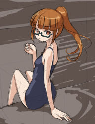 Rule 34 | 1girl, ass, brown background, brown eyes, brown hair, glasses, long hair, looking at viewer, minami mirei, one-piece swimsuit, ponytail, pretty series, pripara, rohitsuka, school swimsuit, sitting, sketch, smile, solo, swimsuit
