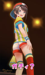 Rule 34 | 1girl, brown hair, commentary request, dated, green eyes, haruyama kazunori, hat, highres, hololive, looking at viewer, oozora subaru, oozora subaru (1st costume), open mouth, panties, red thighhighs, shirt, short hair, short sleeves, shorts, solo, standing, striped clothes, striped panties, striped shirt, thighhighs, twitter username, underwear, vertical-striped clothes, vertical-striped shirt, virtual youtuber, white shorts