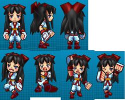 Rule 34 | 1girl, ainu clothes, angry, arm up, arms up, black hair, blue eyes, chibi, clenched hands, crossed arms, crying, expression chart, expressionless, expressions, fingerless gloves, gloves, hair ribbon, highres, legs, long hair, looking at viewer, multiple views, nakoruru, one eye closed, open mouth, pants, ribbon, sad, samurai spirits, smile, solo, surprised, tears, the king of fighters, thighs, wink