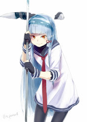 Rule 34 | 10s, 1girl, blue hair, blunt bangs, bow, fingerless gloves, gloves, hair bow, kantai collection, long hair, long sleeves, looking at viewer, murakumo (kancolle), nathaniel pennel, necktie, pantyhose, personification, red eyes, red necktie, school uniform, serafuku, solo, twitter username