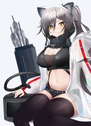 Rule 34 | 1girl, absurdres, animal ears, arknights, arrow (projectile), black scarf, black shorts, black thighhighs, breasts, cat ears, commentary request, crop top, feet out of frame, grey background, hair between eyes, highres, jacket, large breasts, long hair, long sleeves, looking at viewer, micro shorts, midriff, navel, open clothes, open jacket, partial commentary, quiver, scarf, schwarz (arknights), shorts, silver hair, simple background, sitting, solo, stomach, thighhighs, thighs, white jacket, xiaoyu chiaki, yellow eyes