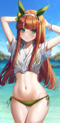 Rule 34 | 1girl, absurdres, animal ears, arms behind head, arms up, bad id, bad twitter id, bead bracelet, beads, bikini, bikini under clothes, blurry, blurry background, blush, bracelet, cowboy shot, day, dot nose, gluteal fold, green bikini, green eyes, hairband, hands on own head, highres, horse ears, horse girl, jewelry, kudou (sikisiki0000), long hair, looking at viewer, midriff, navel, orange hair, outdoors, parted lips, see-through, see-through shirt, shirt, short sleeves, side-tie bikini bottom, sidelocks, silence suzuka (umamusume), sky, solo, standing, stomach, straight hair, swimsuit, thigh gap, thighs, tied shirt, umamusume, water, wet, white hairband, white shirt, wristband