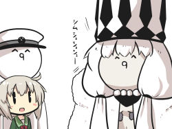 Rule 34 | 10s, ^q^, admiral (kancolle), blonde hair, blush stickers, boom-kun, chibi, cloak, comic, commentary request, epaulettes, fur trim, goma (gomasamune), hat, highres, kantai collection, long hair, military, military hat, military uniform, neckerchief, northern water princess, open mouth, peaked cap, school uniform, shimushu (kancolle), sidelocks, translation request, uniform, white background, white hair
