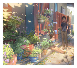 Rule 34 | 1boy, 1girl, blue shirt, bracelet, brown hair, closed mouth, collarbone, day, flower, hair bun, hanging plant, highres, instrument case, jewelry, kitsu+3, looking at another, original, outdoors, pants, sandals, scenery, shirt, shoes, short hair, single hair bun, sitting, sneakers