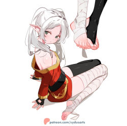 Rule 34 | 1girl, bandaged leg, bandages, bare shoulders, belt, black belt, black gloves, black thighhighs, cosplay, dress, feet, fingerless gloves, foot focus, frieren, from side, gloves, green eyes, grey hair, kono subarashii sekai ni shukufuku wo!, long hair, looking at viewer, looking to the side, megumin, megumin (cosplay), off shoulder, parted bangs, pointy ears, red dress, single thighhigh, sousou no frieren, sydus, thighhighs, toes