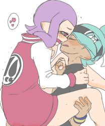 Rule 34 | 2boys, blush, clothed sex, dark skin, domino mask, flat color, heart, holding hands, inkling player character, leg lift, male focus, mask, multiple boys, nintendo, pointy ears, ponytail, simple background, splatoon (series), tentacle hair, tentacle sex, tentacles, white background, yaoi