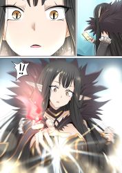 Rule 34 | !, !!, 1girl, black hair, breasts, cleavage, comic, fate/grand order, fate (series), frills, fur collar, fur trim, ginhaha, large breasts, long hair, open mouth, pointy ears, semiramis (fate), silent comic, slit pupils, solo, sparkle, summon ticket (fate), surprised, very long hair, yellow eyes