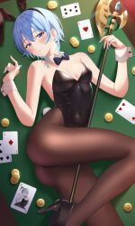 Rule 34 | 1girl, absurdres, ace (playing card), ace of diamonds, ace of hearts, animal ears, bare shoulders, black bow, black bowtie, black footwear, black leotard, black pantyhose, blue eyes, blue hair, blue nails, blush, bow, bow earrings, bowtie, breasts, card, coin, commentary, covered navel, detached collar, diamond (shape), earrings, fake animal ears, fake tail, fingernails, from above, hair between eyes, halberd, hands up, heart, high heels, highleg, highleg leotard, highres, hololive, hoshimachi suisei, jewelry, legs, leotard, long fingernails, looking at viewer, lying, medium breasts, nail polish, on back, pantyhose, parted lips, playboy bunny, playing card, polearm, pumps, rabbit ears, rabbit tail, shinigami kiraki, short hair, solo, star (symbol), star in eye, strapless, strapless leotard, symbol in eye, tail, teeth, thighs, virtual youtuber, weapon, white wrist cuffs, wrist cuffs