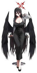 Rule 34 | 1girl, absurdres, black dress, black footwear, black hair, black wings, blue archive, breasts, cleavage, closed mouth, collarbone, dongtan dress, dress, feathered wings, full body, gnns, grey jacket, halo, hasumi (blue archive), highres, jacket, large breasts, long hair, long sleeves, looking at viewer, meme attire, open clothes, open jacket, red eyes, red halo, shoes, simple background, solo, very long hair, white background, wings