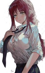 Rule 34 | 1girl, adjusting neckwear, black necktie, braid, braided ponytail, breasts, chainsaw man, closed mouth, collared shirt, commentary request, dress shirt, hand up, highres, korean commentary, large breasts, long hair, long sleeves, looking at viewer, makima (chainsaw man), necktie, partially unbuttoned, red hair, revision, saya (mychristian2), shirt, sidelocks, signature, simple background, solo, upper body, white background, white shirt, yellow eyes