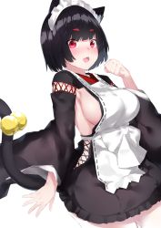 Rule 34 | 1girl, :d, absurdres, alternate costume, animal ears, azur lane, bell, black hair, blunt bangs, blush, breasts, cat ears, cat tail, clothing cutout, commentary request, cotton kanzaki, cross-laced clothes, cross-laced cutout, fang, hand on own hip, highres, japanese clothes, jingle bell, large breasts, long sleeves, looking at viewer, maid headdress, open mouth, red eyes, short hair, sideboob, simple background, smile, solo, tail, tail bell, tail ornament, white background, wide sleeves, yamashiro (azur lane), yamashiro (sales clerk offensive?!) (azur lane)