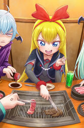 Rule 34 | 2boys, 2girls, absurdres, anger vein, bat wings, bel (dokidoki! precure), black jacket, blank eyes, blonde hair, blue eyes, blue hair, booth seating, bow, commentary request, cropped jacket, cup, detached sleeves, dokidoki! precure, dress, drinking glass, food, giving, green hair, grey dress, grey sleeves, grill, hair bow, hairband, head wings, highres, holding, holding tongs, indoors, ira (dokidoki! precure), itou shin&#039;ichi, jacket, long hair, looking at another, mamo (dokidoki! precure), meat, multiple boys, multiple girls, open mouth, out of frame, partial commentary, plate, pouring, precure, red hairband, red ribbon, regina (dokidoki! precure), ribbon, sauce, sitting, smile, solo focus, soy sauce, tongs, v-shaped eyebrows, wings
