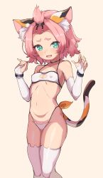 1girl absurdres alternate_costume animal_cutout animal_ear_fluff animal_ear_legwear animal_ears bangs_pinned_back blush bra bracelet breasts bridal_gauntlets cat_cutout cat_ear_legwear cat_ear_panties cat_ear_thighhighs cat_ears cat_girl cat_lingerie cat_tail cat_thighhighs cleavage_cutout clothing_cutout covered_erect_nipples diona_(genshin_impact) elbow_gloves fang forehead genshin_impact gloves green_eyes halterneck highleg highleg_panties highres jewelry legs_together looking_at_viewer meme_attire navel open_mouth panties paw_pose pink_hair short_eyebrows short_hair skin_fang skindentation small_breasts solo standing sushi_no_ikari sweatdrop tail thick_eyebrows thighhighs underwear underwear_only white_bra white_bridal_gauntlets white_panties white_thighhighs