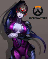 Rule 34 | 1girl, artist request, bad id, bad pixiv id, bodysuit, breasts, center opening, cleavage, colored skin, contrapposto, copyright name, cowboy shot, crossed arms, head-mounted display, highres, lips, long hair, looking at viewer, overwatch, overwatch 1, ponytail, purple hair, purple skin, renshena, solo, standing, very long hair, widowmaker (overwatch), yellow eyes