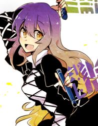 Rule 34 | 1girl, 6 (yuchae), :d, black dress, brown hair, cross-laced clothes, dress, english text, gradient hair, happy, hijiri byakuren, holding, holding scroll, juliet sleeves, layered dress, long hair, long sleeves, looking at viewer, multicolored hair, open mouth, puffy sleeves, purple hair, scroll, simple background, smile, solo, sorcerer&#039;s sutra scroll, standing, touhou, turtleneck, turtleneck dress, white background, white dress, yellow eyes