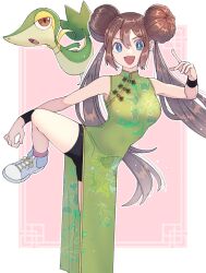 Rule 34 | 1girl, :d, alternate costume, black wristband, blue eyes, blue footwear, border, breasts, bright pupils, brown hair, china dress, chinese clothes, commentary request, creatures (company), double bun, dress, game freak, gen 5 pokemon, green dress, hair bun, hand up, highres, kana (kanna runa0620), leg up, long hair, looking at viewer, medium breasts, nintendo, open mouth, pink background, pink socks, pokemon, pokemon (creature), pokemon bw2, rosa (pokemon), shoes, smile, sneakers, snivy, socks, solo, standing, standing on one leg, white border, white pupils