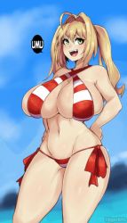 Rule 34 | 1girl, ahoge, blonde hair, breasts, fang, fate (series), large breasts, nero claudius (fate), nero claudius (fate) (all), nero claudius (fate/extra), nero claudius (swimsuit caster) (fate), swimsuit, taiger, twintails, umu
