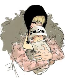 Rule 34 | 2boys, aged down, black hair, blonde hair, blush, carrying, chief (chiefvinsmoke), child, child carry, closed eyes, closed mouth, commentary request, donquixote rocinante, feather coat, heart, heart print, hood, hug, korean commentary, makeup, male focus, multiple boys, one piece, pants, pink shirt, portrait, red lips, shirt, short hair, short sleeves, simple background, sketch, smile, trafalgar law, white background