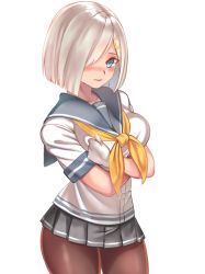 Rule 34 | 1girl, black pantyhose, blue eyes, blush, breasts, gloves, hair ornament, hair over one eye, hairclip, hamakaze (kancolle), kantai collection, large breasts, looking at viewer, miniskirt, pantyhose, pleated skirt, school uniform, serafuku, short hair, short sleeves, silver hair, simple background, skirt, solo, suion 25.c, white background, white gloves