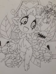 Rule 34 | blossomon, digimon, flower, hammer, hat, highres, looking at another, monochrome, personification, petals, pinochimon