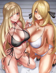 Rule 34 | 2girls, :q, alternate breast size, arm behind back, asymmetrical docking, bikini, bikini pull, black bikini, black choker, black footwear, black nails, blonde hair, blue eyes, blunt bangs, breast press, breasts, choker, closed mouth, clothes pull, collarbone, commentary request, covered erect nipples, creatures (company), curvy, cynthia (pokemon), eyebrows hidden by hair, eyes visible through hair, game freak, glitter, green eyes, green nails, hair ornament, hair over one eye, highres, hikari (komitiookami), huge breasts, jewelry, kneeling, large breasts, long hair, looking at viewer, lusamine (pokemon), mature female, mole on body, multiple girls, nail polish, navel, necklace, nintendo, o-ring, o-ring bikini, pokemon, pokemon dppt, pokemon sm, revision, ring, ring necklace, side-tie bikini bottom, sidelocks, skindentation, stomach, swimsuit, tongue, tongue out, very long hair, white bikini, white footwear, wide hips