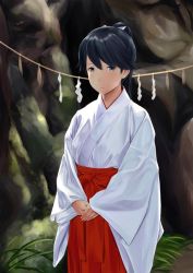 Rule 34 | 10s, 1girl, bad id, bad twitter id, black hair, commentary, grey eyes, hair ribbon, hakama, hakama skirt, houshou (kancolle), inactive account, japanese clothes, kantai collection, long sleeves, looking at viewer, miko, own hands together, ponytail, red hakama, ribbon, rock, rope, shide, shimenawa, skirt, smile, solo, standing, sunlight, v arms, wa (genryusui), wide sleeves