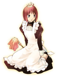 Rule 34 | 00s, 1girl, apron, blue eyes, cleaning, crown, dress, duster, full body, hisui (tsukihime), long dress, maid, maid apron, open mouth, red hair, short hair, simple background, takenashi eri, tsukihime, white background
