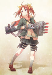 Rule 34 | 10s, 1girl, ahoge, alternate costume, bike shorts, bike shorts under skirt, brown hair, cannon, cardigan, e20, grey socks, hair ornament, hair ribbon, jacket, kagerou (kancolle), kantai collection, kneehighs, loafers, open clothes, open jacket, personification, plaid, plaid scarf, purple eyes, ribbon, scarf, school uniform, shoes, short hair, shorts, shorts under skirt, skirt, smile, snowing, socks, solo, sweater, torpedo, turret, twintails