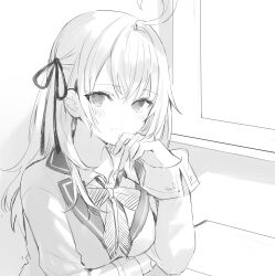 Rule 34 | 1girl, absurdres, ahoge, alisa mikhailovna kujou, blazer, bow, bowtie, breasts, commentary request, frown, greyscale, hair ribbon, hand on own face, hand up, highres, jacket, long hair, looking at viewer, medium breasts, momoko (momopoco), monochrome, official art, ribbon, school uniform, second-party source, sitting, solo, tokidoki bosotto roshia-go de dereru tonari no arya-san, wing collar