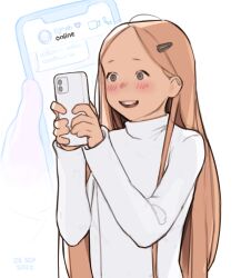 Rule 34 | 1girl, :d, absurdres, bad id, bad twitter id, blonde hair, blue eyes, blush, cellphone, hair ornament, hairclip, highres, holding, holding phone, long hair, long sleeves, looking at phone, luimiart, open mouth, original, phone, projected inset, smartphone, smile, sweater, very long hair, white sweater