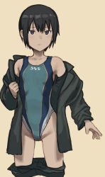 Rule 34 | 1girl, 2equal8, black eyes, black hair, black jacket, cameltoe, closed mouth, competition swimsuit, expressionless, female focus, flat chest, highleg, highleg swimsuit, highres, jacket, kino (kino no tabi), kino no tabi, off shoulder, one-piece swimsuit, open clothes, open jacket, short hair, simple background, solo, swimsuit