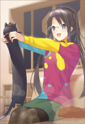 Rule 34 | + +, 1girl, :d, absurdres, black cat, black hair, blue eyes, blush, casual, cat, commentary request, cowboy shot, excited, fumimaru, glasses, green skirt, highres, idolmaster, idolmaster shiny colors, indoors, long hair, long sleeves, longcat (meme), looking at animal, meme, mitsumine yuika, multicolored shirt, open mouth, outstretched arms, pencil skirt, sidelocks, signature, sitting, skirt, smile, solo, teeth, twintails, upper teeth only, very long hair