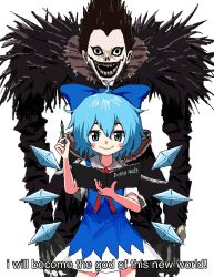 Rule 34 | 1boy, 1girl, ahoge, aiu404l, black hair, blue eyes, blue hair, blush stickers, bow, cirno, crossover, death note, english text, hair bow, highres, notebook, open mouth, pencil, ribbon, ryuk, ryuk (death note), shinigami, simple background, skirt, smile, touhou, white background, wings
