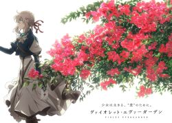 Rule 34 | arm up, blonde hair, boots, braid, brooch, closed mouth, ears, english text, flower, from side, green eyes, hair ribbon, highres, holding, holding letter, japanese text, jewelry, leaf, leaves, letter, long hair, looking ahead, mechanical arms, movie poster, official art, ribbon, rose, sidelocks, skirt, standing, title, violet evergarden, violet evergarden (series), white background