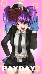 Rule 34 | 1girl, :p, blue eyes, blue gloves, formal, gloves, gradient hair, highres, kawaii mask (payday), latex, latex gloves, mask, unworn mask, multicolored hair, necktie, payday (series), payday 2, purple hair, shirt, short hair, shorts, suit, tachumaru, thighs, tongue, tongue out, twintails