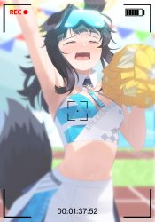 Rule 34 | 1girl, absurdres, animal ears, bare shoulders, bintz, black hair, blue archive, blue sky, breasts, cheerleader, cleavage, closed eyes, cloud, confetti, day, dog ears, dog girl, dog tail, embarrassed, eyewear on head, gloves, goggles, goggles on head, grass, halo, hibiki (blue archive), hibiki (cheer squad) (blue archive), highres, holding, holding pom poms, long hair, looking at viewer, medium breasts, midriff, millennium cheerleader outfit (blue archive), miniskirt, navel, official alternate costume, outdoors, parted lips, pom pom (cheerleading), pom poms, ponytail, skirt, sky, solo, standing, sticker on face, stomach, sweat, tail, thighs, white gloves, white skirt