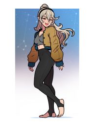 Rule 34 | 1girl, akairiot, black pants, border, breasts, brown jacket, cleavage, collarbone, corrin (female) (fire emblem), corrin (fire emblem), crop top, fire emblem, fire emblem fates, full body, grey hair, hair between eyes, hairband, high ponytail, highres, jacket, legs, long hair, long sleeves, looking at viewer, looking to the side, midriff, nail polish, nintendo, no shoes, open clothes, open jacket, open mouth, outside border, pants, pointy ears, red eyes, red nails, slit pupils, smile, solo, standing, star (symbol), starry background, stirrup legwear, tight clothes, tight pants, toeless legwear, toenail polish, toenails, unbuttoned, white border, wide sleeves, yoga pants