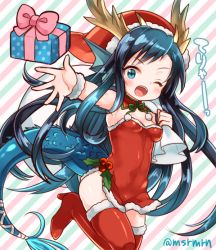 Rule 34 | &gt;;d, 1girl, ;d, antlers, bad id, bad pixiv id, black hair, blue eyes, blue hair, boots, box, breasts, diagonal stripes, dress, fins, fish tail, fur-trimmed boots, fur trim, gift, gift box, head fins, high heel boots, high heels, holly, horns, karin (p&amp;d), long hair, mashiro miru, matching hair/eyes, one eye closed, open mouth, puzzle &amp; dragons, red footwear, red thighhighs, reindeer antlers, sack, santa boots, santa costume, short dress, small breasts, smile, solo, striped, striped background, swept bangs, tail, thigh boots, thighhighs, twitter username, v-shaped eyebrows, very long hair, wristband