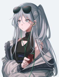 Rule 34 | 1girl, aqua eyes, babouo, bare shoulders, breasts, buckle, cleavage, cleavage cutout, closed mouth, clothing cutout, coat, digital media player, earphones, eyewear on head, grey coat, grey hair, highres, holding, holding digital media player, long hair, long sleeves, looking afar, looking away, off shoulder, one side up, open clothes, open coat, original, parted bangs, simple background, small breasts, solo, sunglasses, upper body, very long hair, white background
