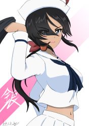 Rule 34 | 10s, 1girl, arm up, artist name, black eyes, black hair, black jacket, blouse, blue neckerchief, bow, bukkuri, carrying over shoulder, character name, commentary, dark-skinned female, dark skin, dated, dixie cup hat, eyes visible through hair, girls und panzer, hair bow, hair over one eye, hat, hat feather, jacket, long hair, long sleeves, looking at viewer, midriff, military hat, mouth hold, navel, neckerchief, ogin (girls und panzer), ooarai naval school uniform, parted lips, pleated skirt, ponytail, red bow, sailor, sailor collar, school uniform, shirt, signature, skirt, smile, smoking pipe, solo, standing, upper body, white hat, white shirt, white skirt